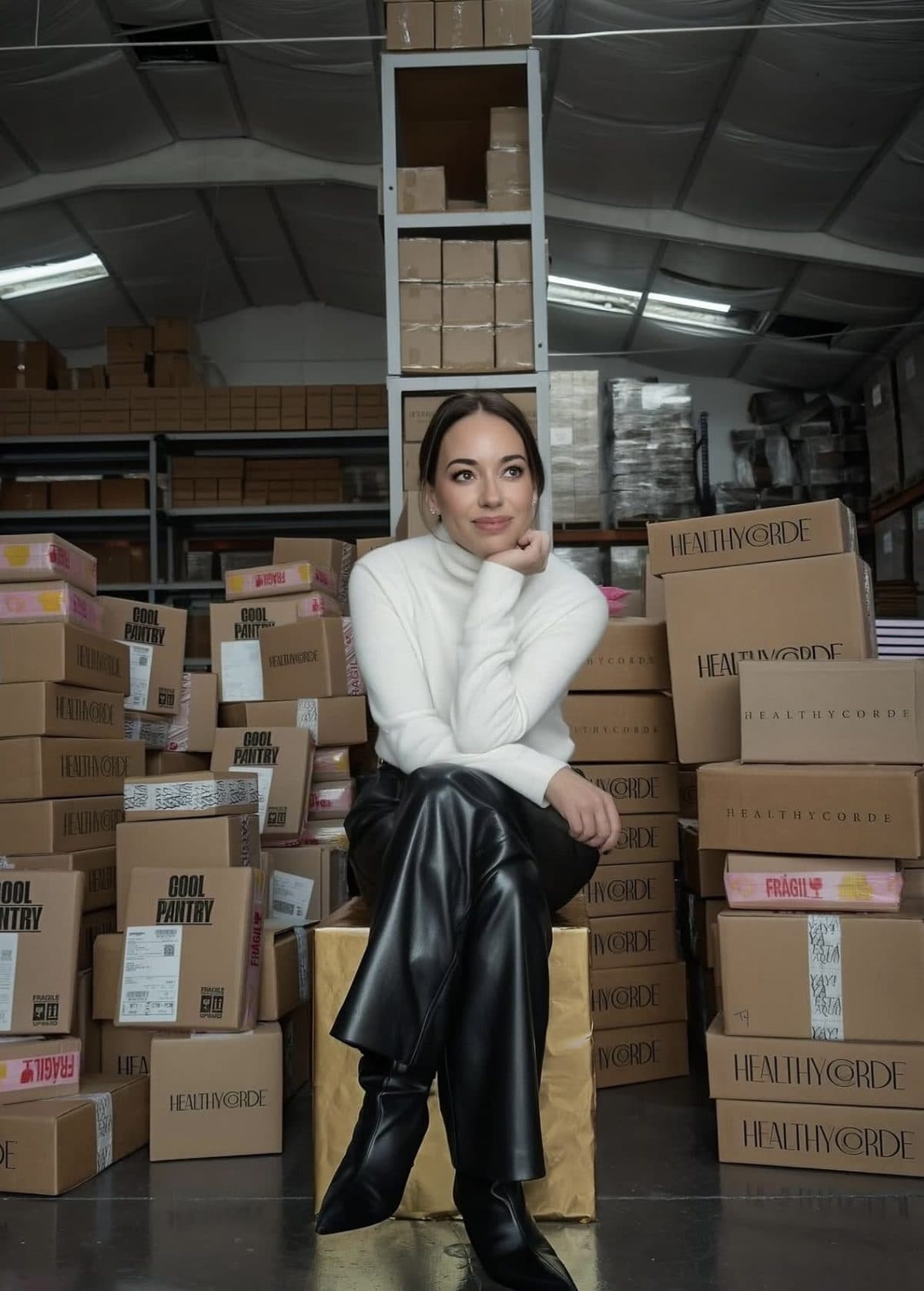 Cordelia sentada en una bodega entre cajas de HealthyCorde y Cool Pantry.